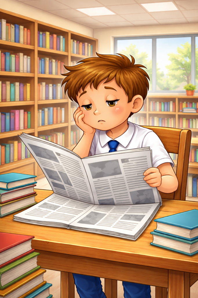 Young boy looking bored while reading a traditional newspaper at home